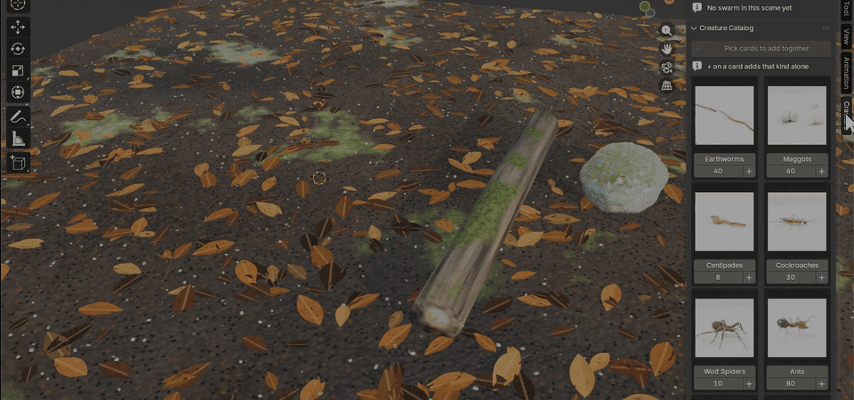 Picking cockroaches, wolf spiders and ants in the Creature Catalog, clicking Add Together and pressing Play
