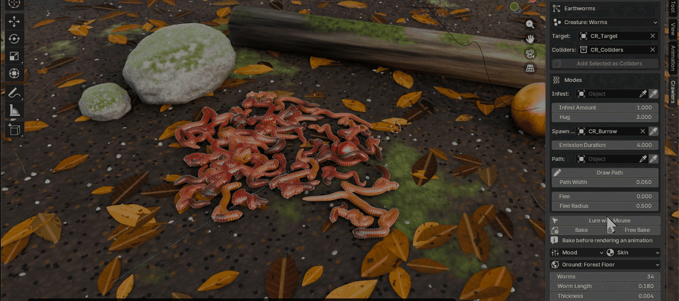 Earthworms following the mouse cursor and piling up where it stops