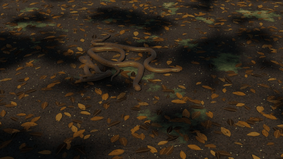 Three brown snakes slithering side by side in S-curves