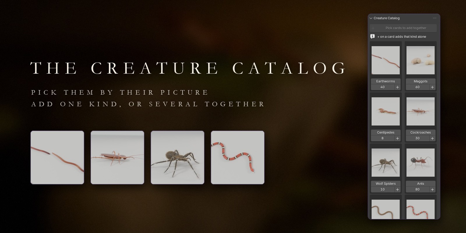 The Creature Catalog: pick them by their picture, add one kind or several together